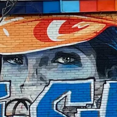 Sina's mural portrait: a painted face under an orange cap